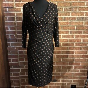 Lauren Ralph Lauren Women 14 V Neck Faux Wrap Dress Midi Black Brown 3/4 Sleeve